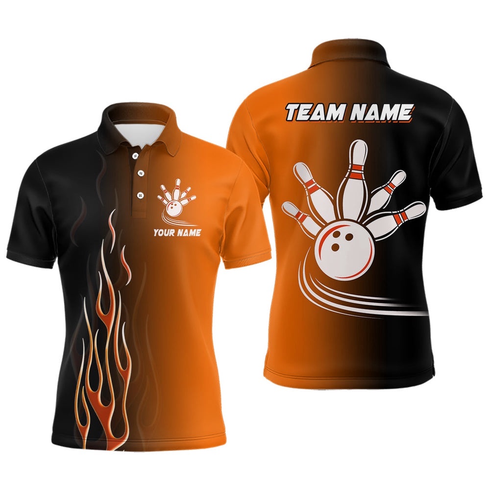 Gradient Orange Black Bowling League Polo Shirt Custom Bowling Shirt For Men, Gifts For Bowling Team, Personalized Bowling Team Shirt