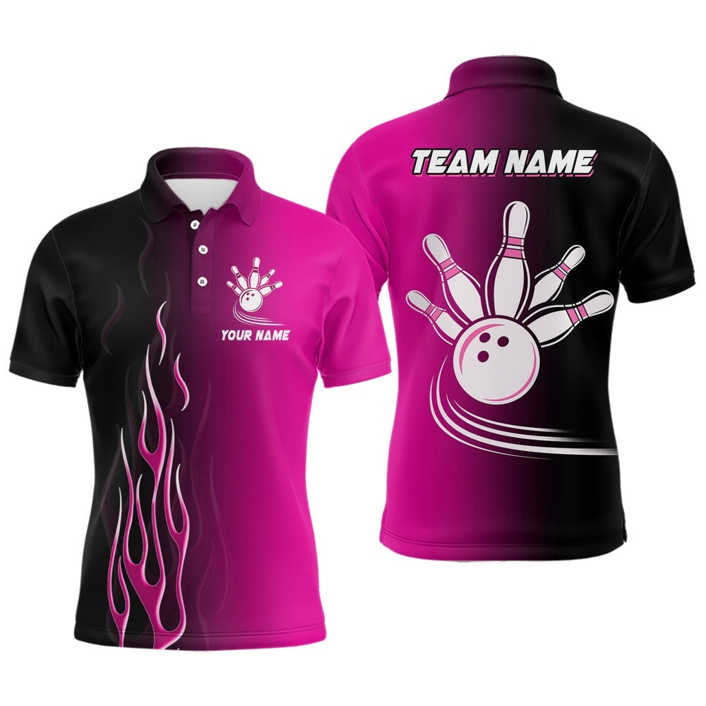 Gradient Pink & Black Bowling League Polo Shirt Custom Bowling Shirt For Men, Gifts For Bowling Team, Personalized Bowling Team Shirt