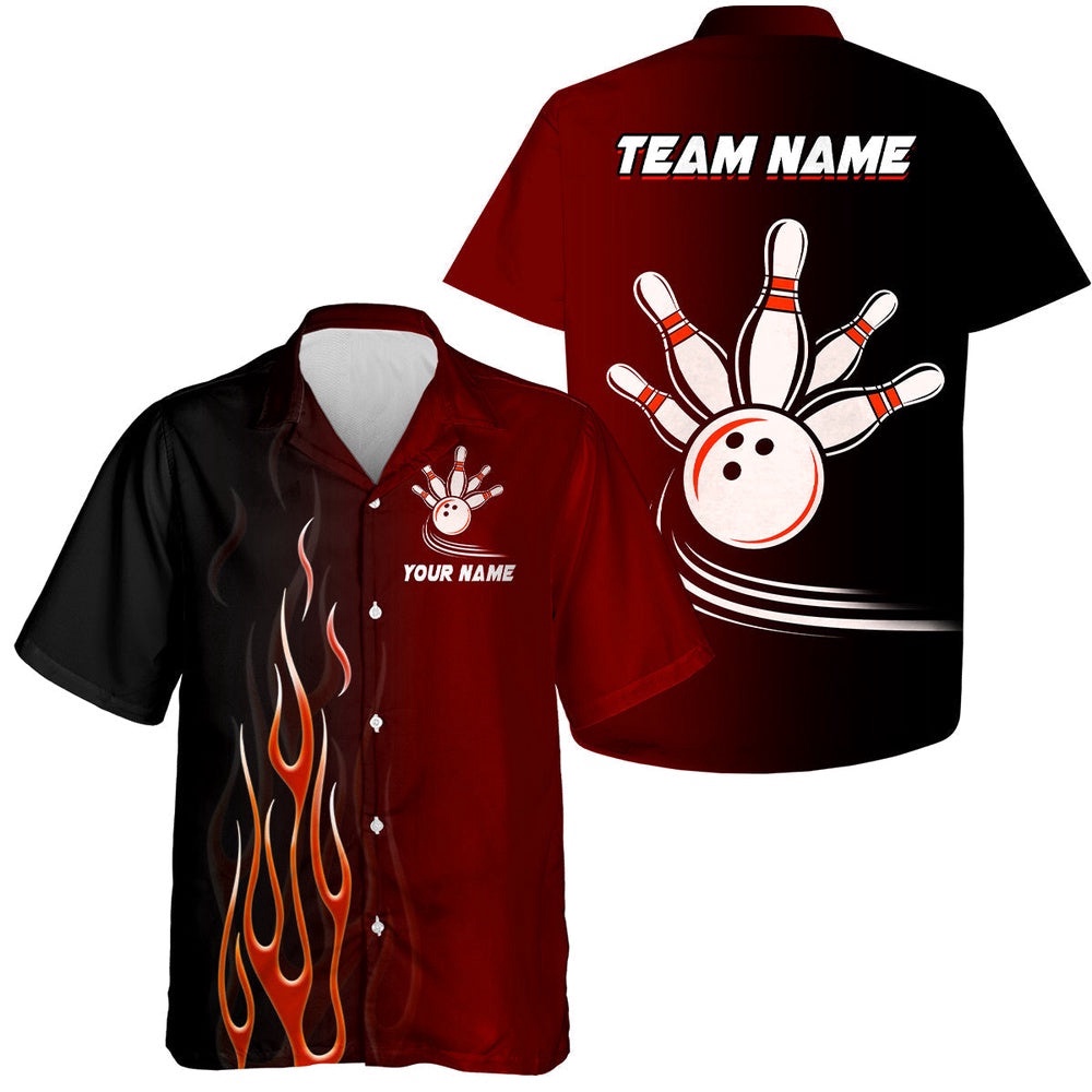Gradient Red And Black Bowling League Jerseys, Custom Button Up Hawaiian Shirt, Custom Team Bowling Hawaiian Shirt