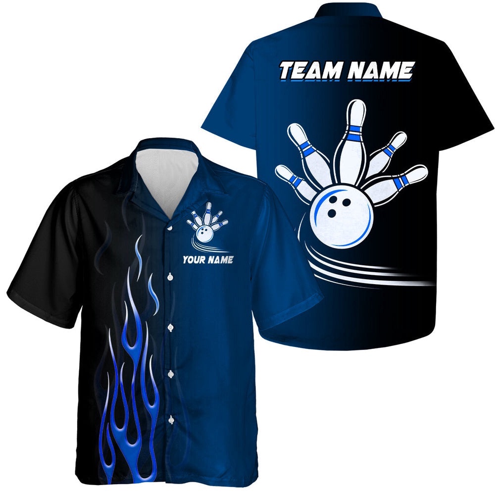 Gradient Red And Blue Bowling League Jerseys, Custom Button Up Hawaiian Shirt, Custom Team Bowling Hawaiian Shirt