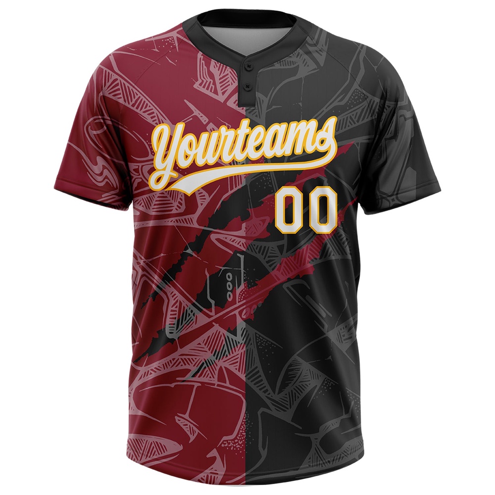 Graffiti Pattern Black Crimson Gold 3D Two Button Unisex Softball Jersey, Custom Team Softball Jersey