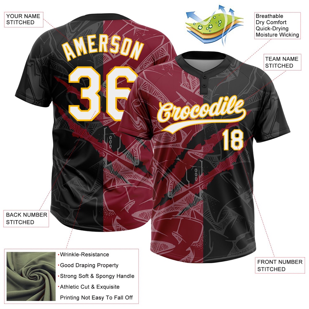 Graffiti Pattern Black Crimson Gold 3D Two Button Unisex Softball Jersey, Custom Team Softball Jersey