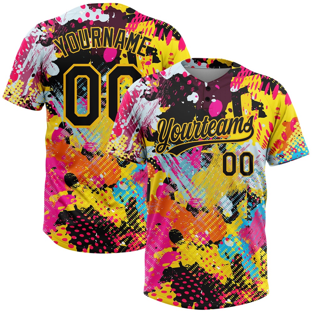 Graffiti Pattern Black Gold 3D Bright Psychedelic Two Button Unisex Softball Jersey, Custom Team Softball Jersey
