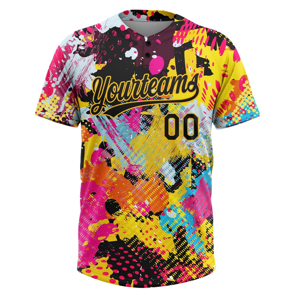 Graffiti Pattern Black Gold 3D Bright Psychedelic Two Button Unisex Softball Jersey, Custom Team Softball Jersey