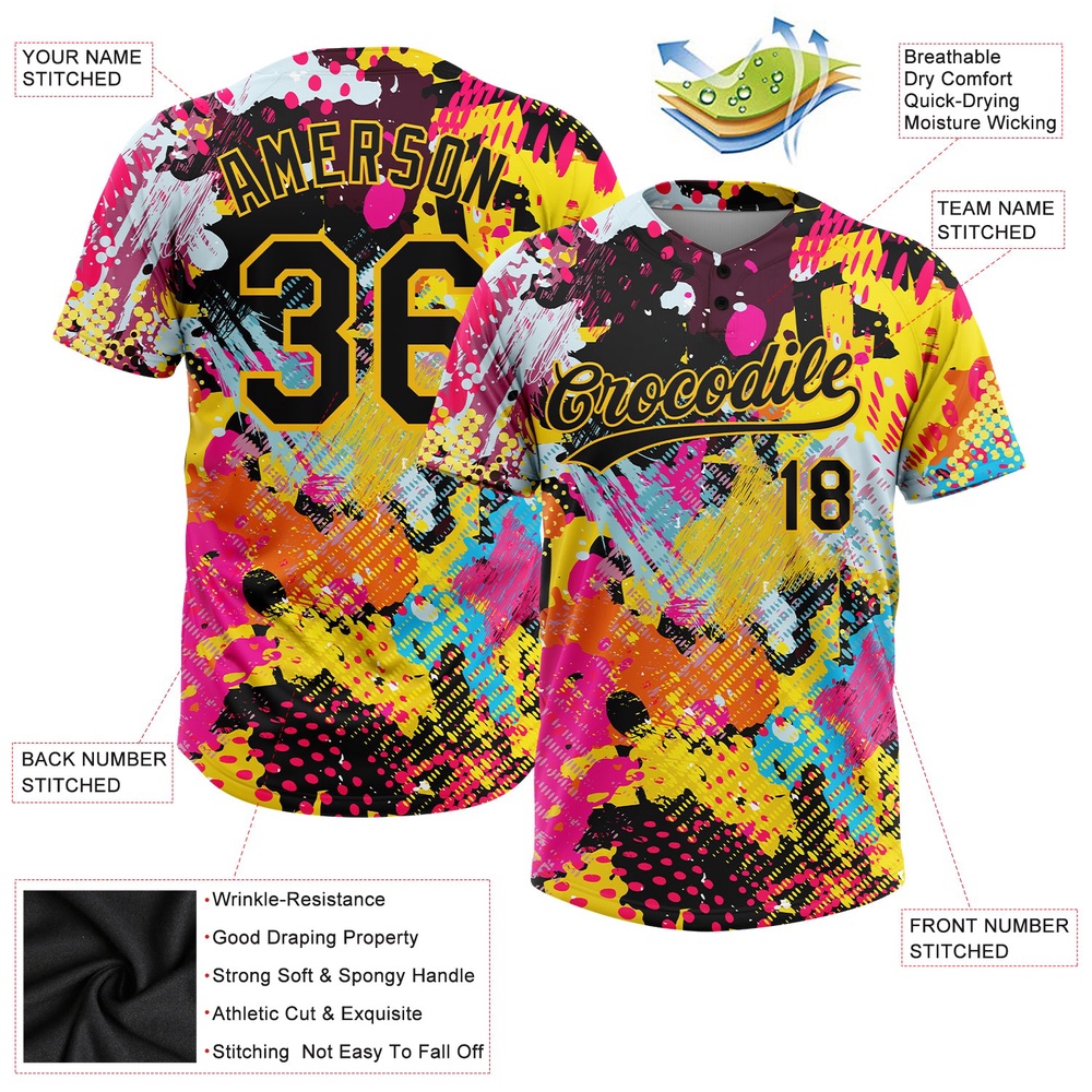 Graffiti Pattern Black Gold 3D Bright Psychedelic Two Button Unisex Softball Jersey, Custom Team Softball Jersey