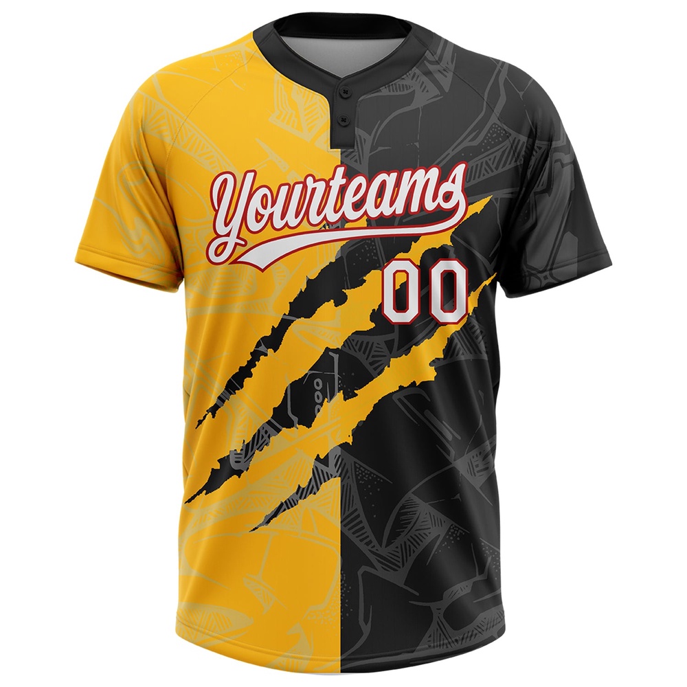 Graffiti Pattern Black Gold Red 3D Two Button Unisex Softball Jersey, Custom Team Softball Jersey