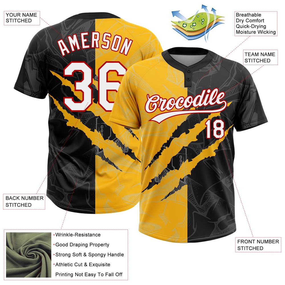 Graffiti Pattern Black Gold Red 3D Two Button Unisex Softball Jersey, Custom Team Softball Jersey