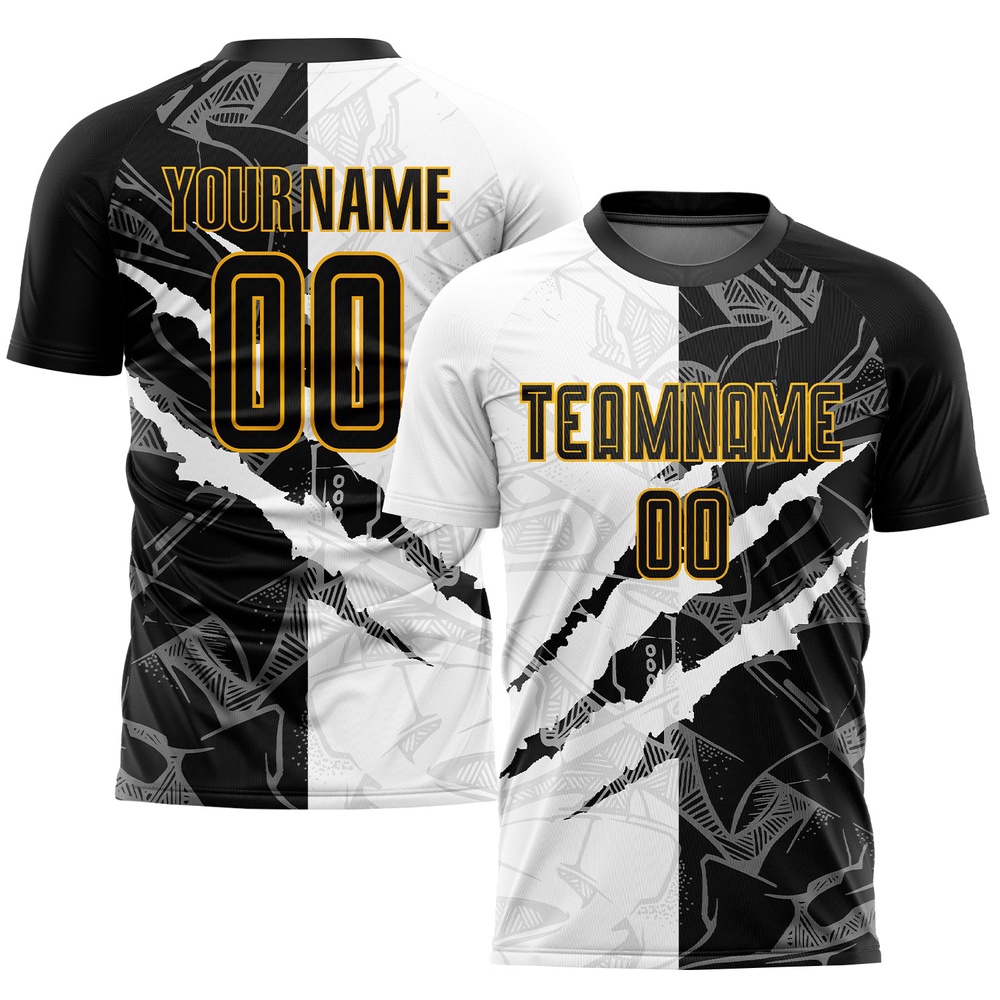 Graffiti Pattern Black Gold Scratch Sublimation Soccer Uniform Jersey, Custom Team Soccer Jersey Shirt Graffiti Pattern Black Gold Scratch Sublimation Soccer Uniform Jersey, Custom Team Soccer Jersey Shirt