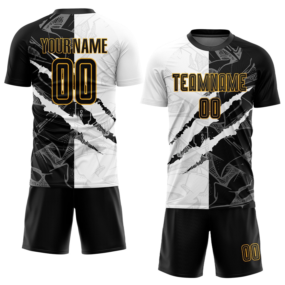 Graffiti Pattern Black Gold Scratch Sublimation Soccer Uniform Jersey, Custom Team Soccer Jersey Shirt Graffiti Pattern Black Gold Scratch Sublimation Soccer Uniform Jersey, Custom Team Soccer Jersey Shirt