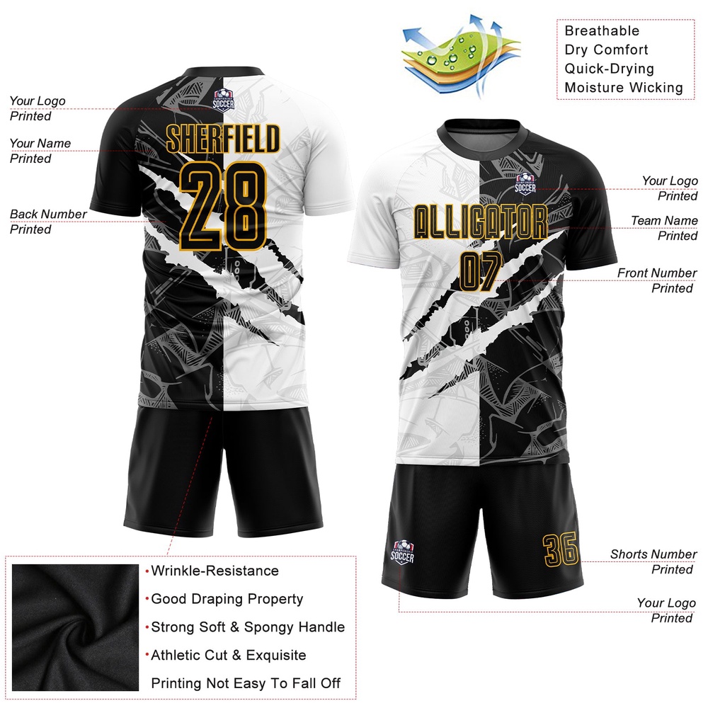 Graffiti Pattern Black Gold Scratch Sublimation Soccer Uniform Jersey, Custom Team Soccer Jersey Shirt Graffiti Pattern Black Gold Scratch Sublimation Soccer Uniform Jersey, Custom Team Soccer Jersey Shirt