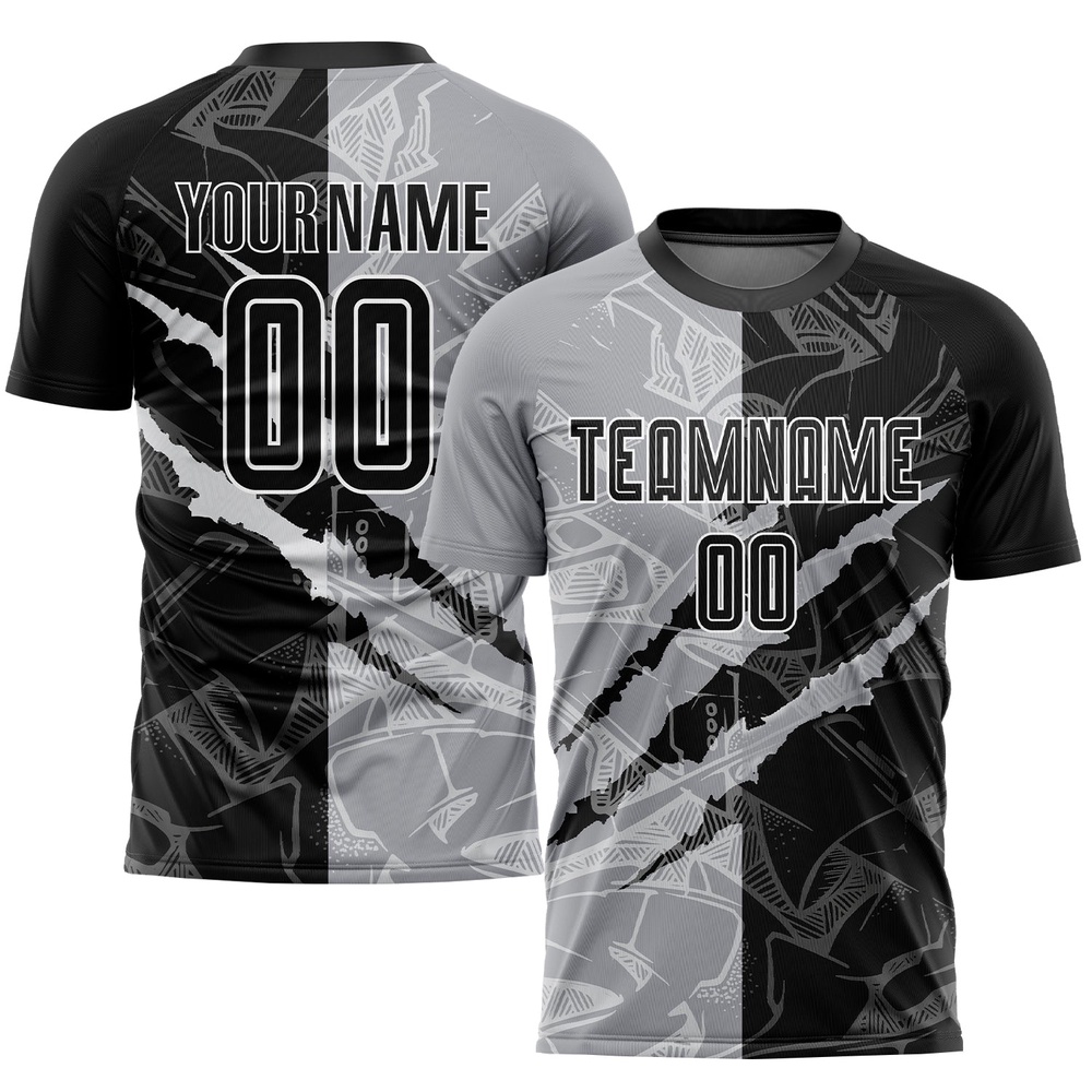 Graffiti Pattern Black Gray Scratch Sublimation Soccer Uniform Jersey, Custom Team Soccer Jersey Shirt