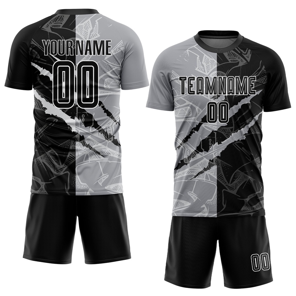 Graffiti Pattern Black Gray Scratch Sublimation Soccer Uniform Jersey, Custom Team Soccer Jersey Shirt