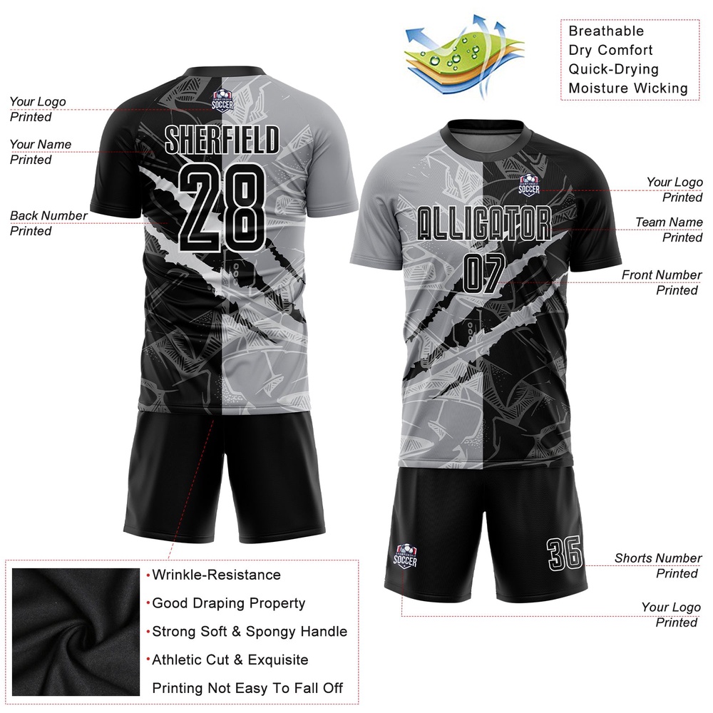 Graffiti Pattern Black Gray Scratch Sublimation Soccer Uniform Jersey, Custom Team Soccer Jersey Shirt