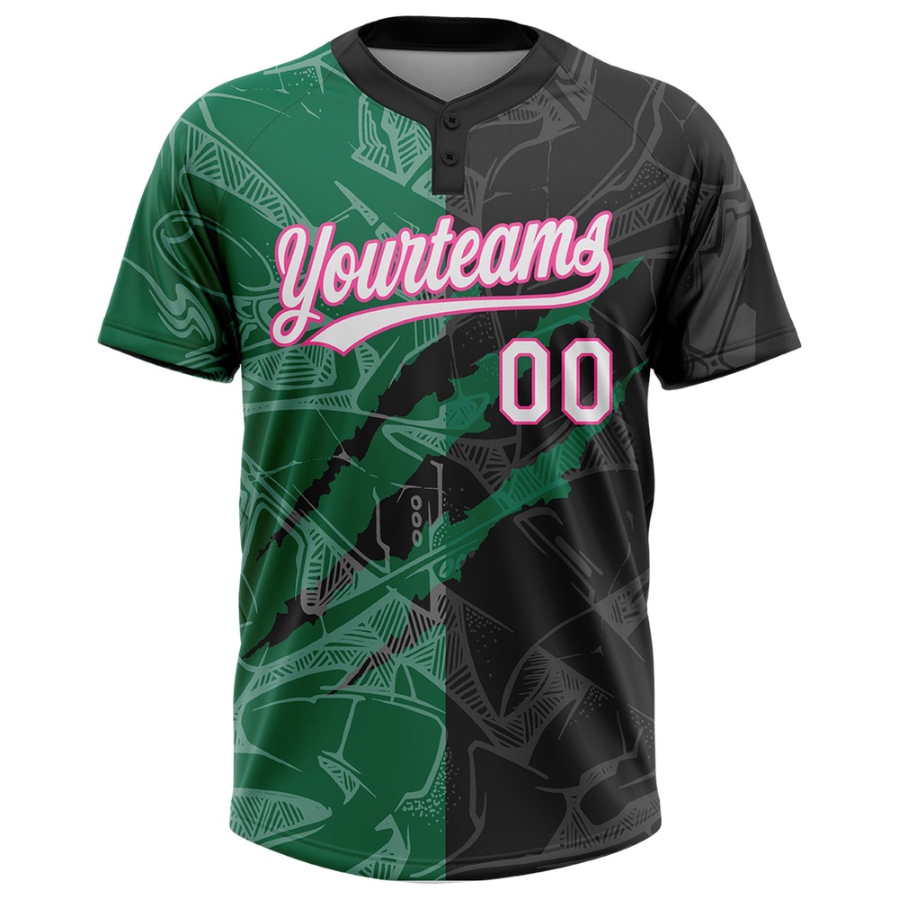Graffiti Pattern Black Kelly Green Pink 3D Two Button Unisex Softball Jersey, Custom Team Softball Jersey