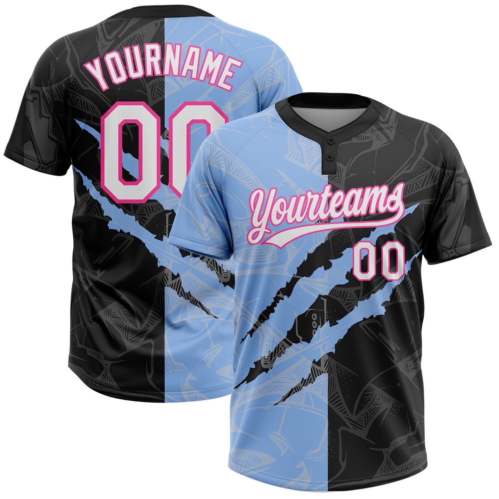Graffiti Pattern Black Light Blue Pink 3D Two Button Unisex Softball Jersey, Custom Team Softball Jersey