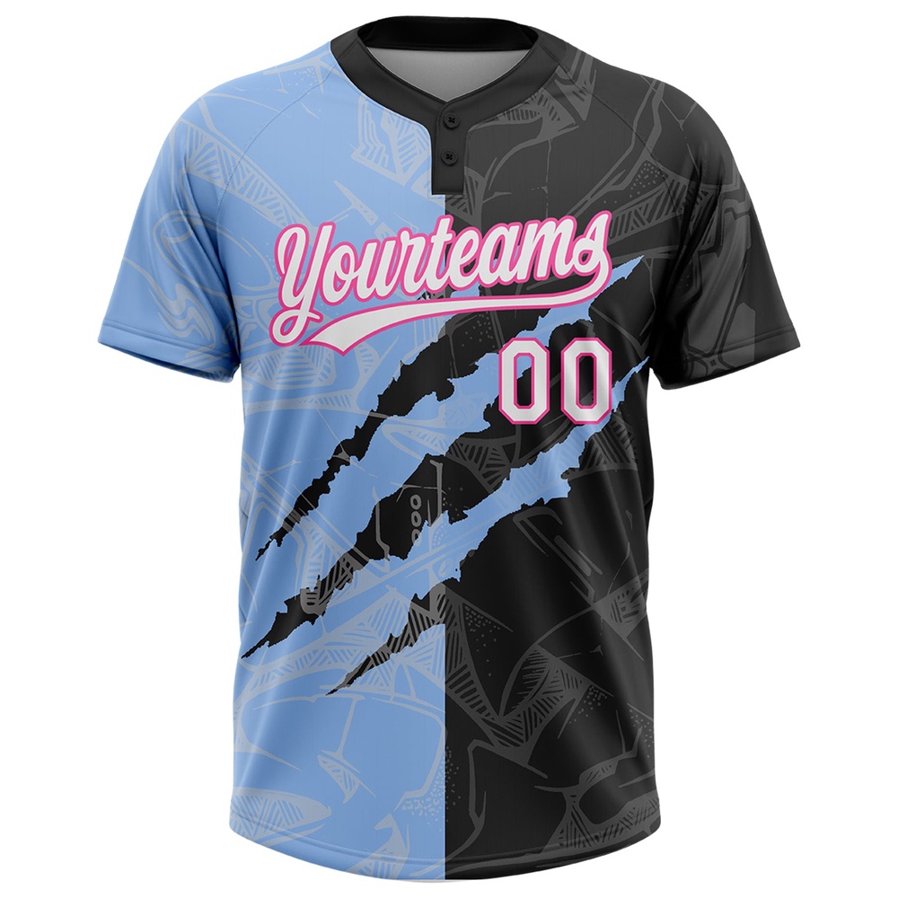 Graffiti Pattern Black Light Blue Pink 3D Two Button Unisex Softball Jersey, Custom Team Softball Jersey