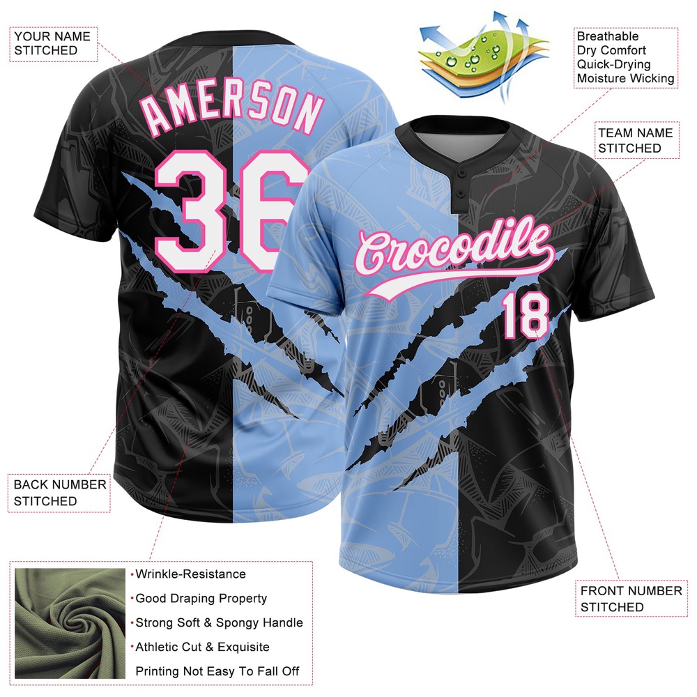 Graffiti Pattern Black Light Blue Pink 3D Two Button Unisex Softball Jersey, Custom Team Softball Jersey
