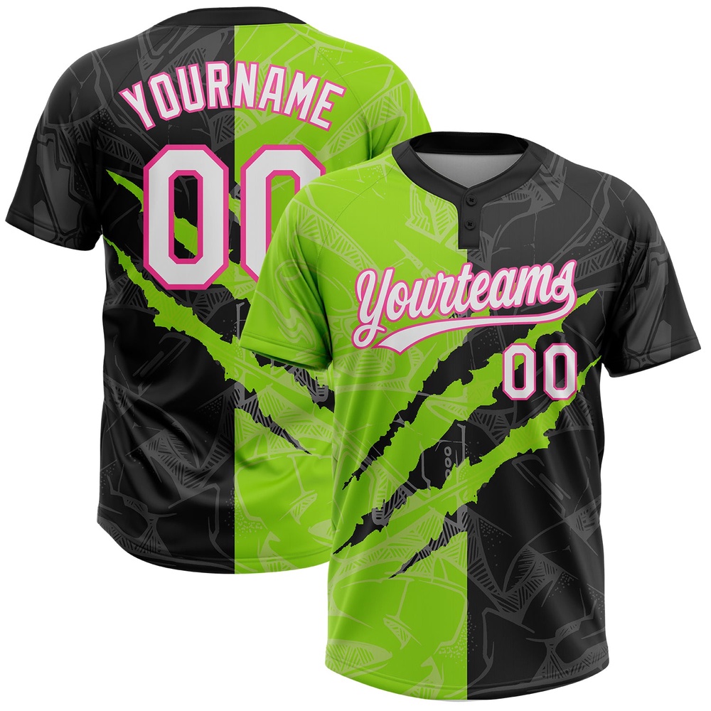 Graffiti Pattern Black Neon Green Pink 3D Two Button Unisex Softball Jersey, Custom Team Softball Jersey