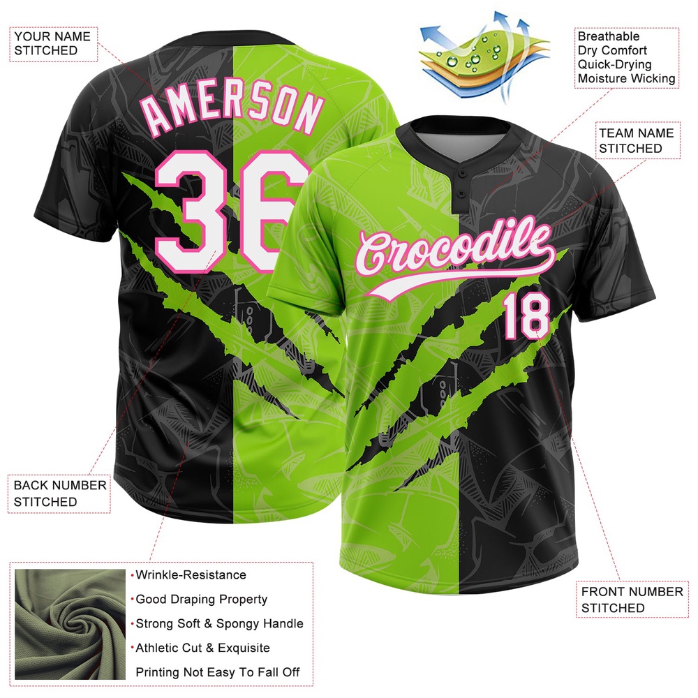 Graffiti Pattern Black Neon Green Pink 3D Two Button Unisex Softball Jersey, Custom Team Softball Jersey