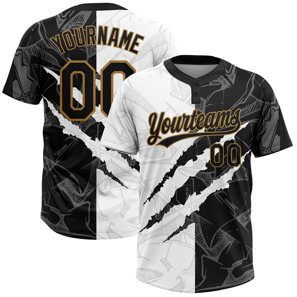Graffiti Pattern Black Old Gold 3D Two Button Unisex Softball Jersey, Custom Team Softball Jersey