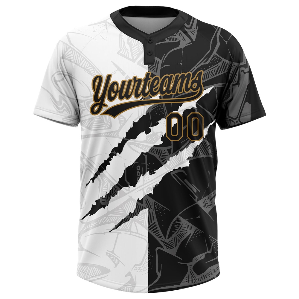 Graffiti Pattern Black Old Gold 3D Two Button Unisex Softball Jersey, Custom Team Softball Jersey