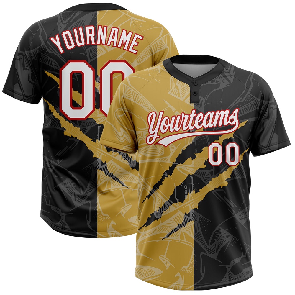 Graffiti Pattern Black Old Gold Red 3D Two Button Unisex Softball Jersey, Custom Team Softball Jersey