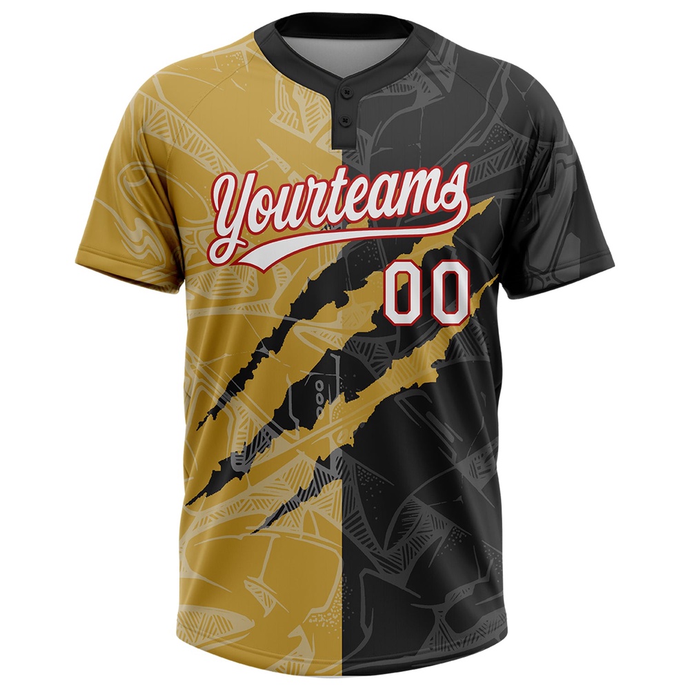 Graffiti Pattern Black Old Gold Red 3D Two Button Unisex Softball Jersey, Custom Team Softball Jersey