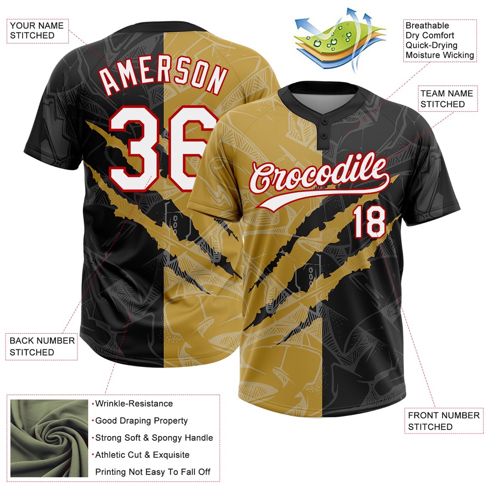 Graffiti Pattern Black Old Gold Red 3D Two Button Unisex Softball Jersey, Custom Team Softball Jersey