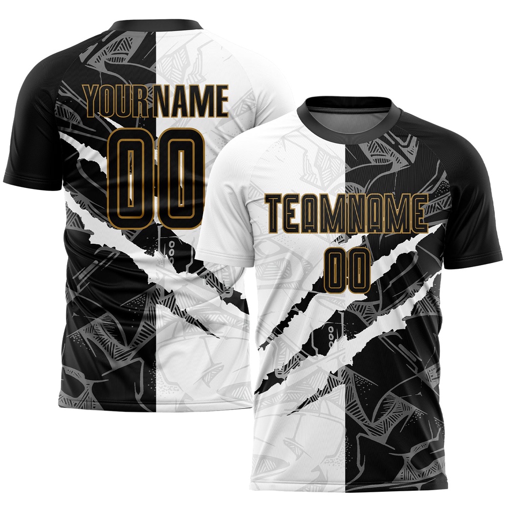 Graffiti Pattern Black Old Gold Sublimation Soccer Uniform Jersey, Custom Team Soccer Jersey Shirt Graffiti Pattern Black Old Gold Sublimation Soccer Uniform Jersey, Custom Team Soccer Jersey Shirt