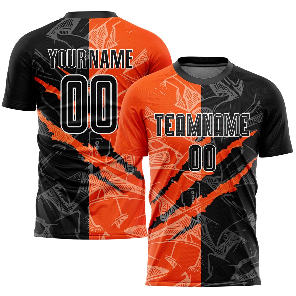Graffiti Pattern Black Orange Scratch Sublimation Soccer Uniform Jersey, Custom Team Soccer Jersey Shirt