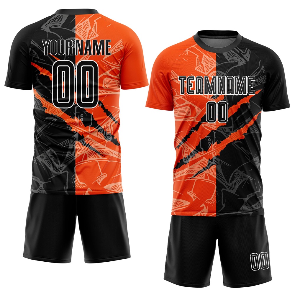 Graffiti Pattern Black Orange Scratch Sublimation Soccer Uniform Jersey, Custom Team Soccer Jersey Shirt