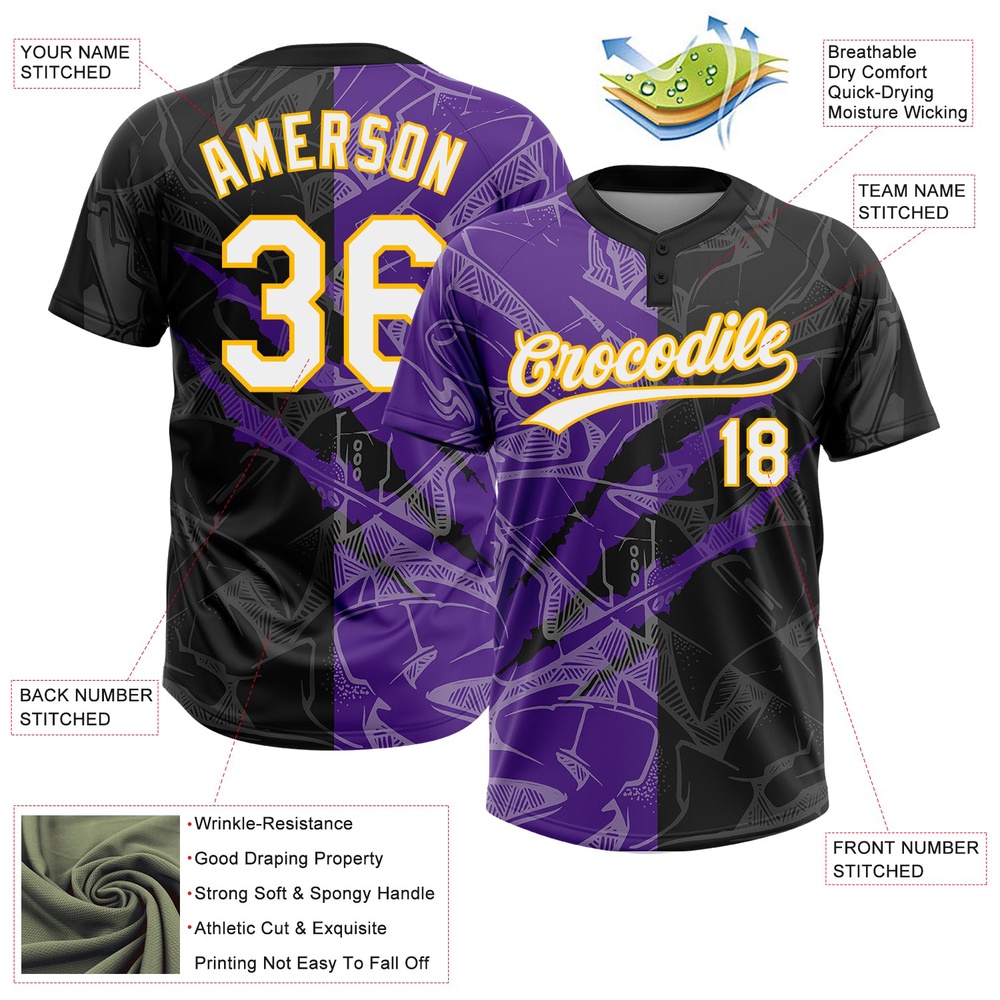 Graffiti Pattern Black Purple Gold 3D Two Button Unisex Softball Jersey, Custom Team Softball Jersey