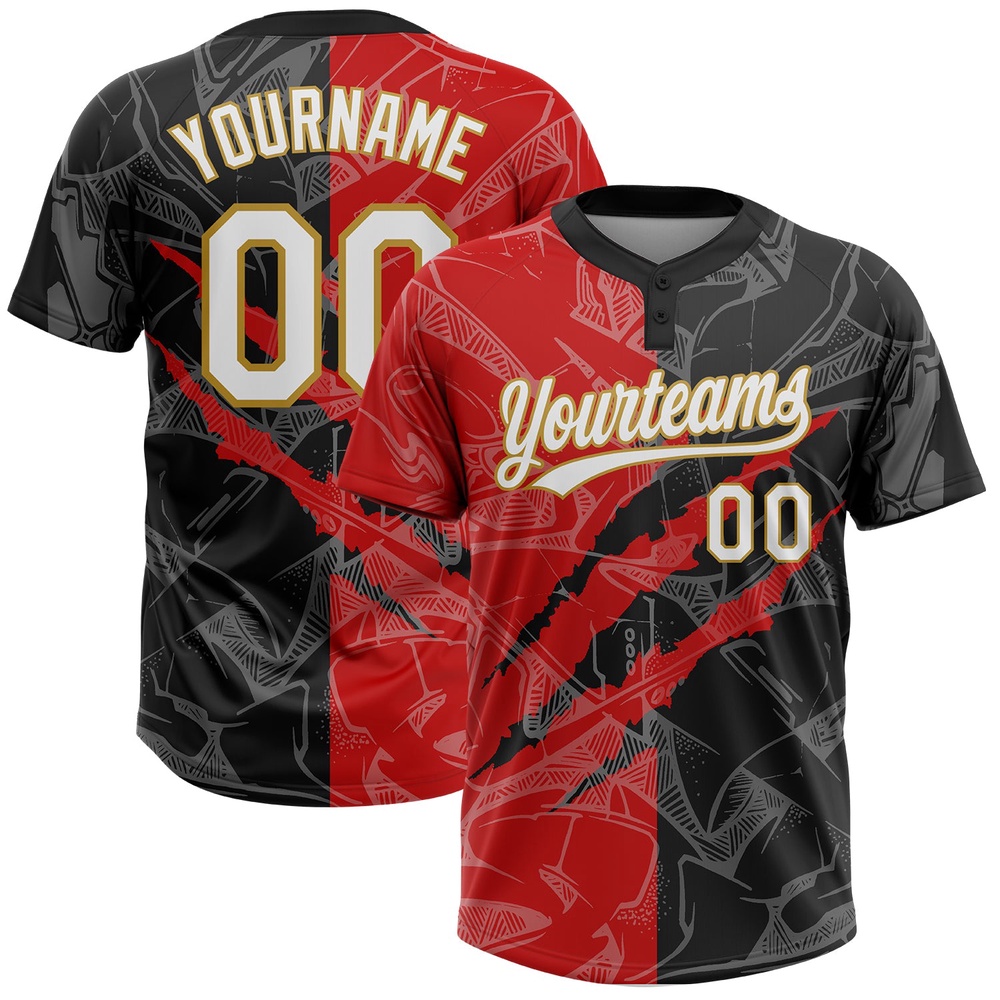 Graffiti Pattern Black Red Old Gold 3D Two Button Unisex Softball Jersey, Custom Team Softball Jersey