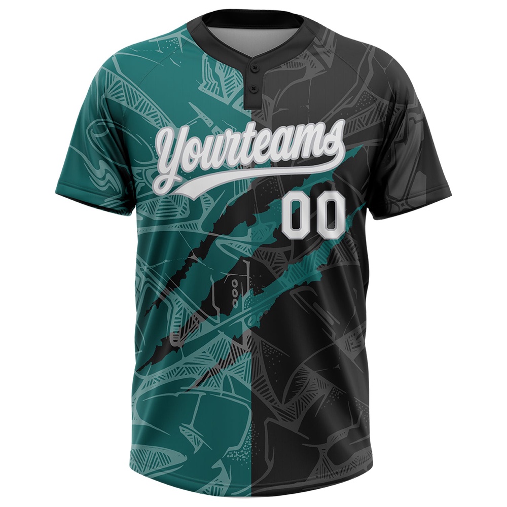 Graffiti Pattern Black Teal Gray 3D Two Button Unisex Softball Jersey, Custom Team Softball Jersey