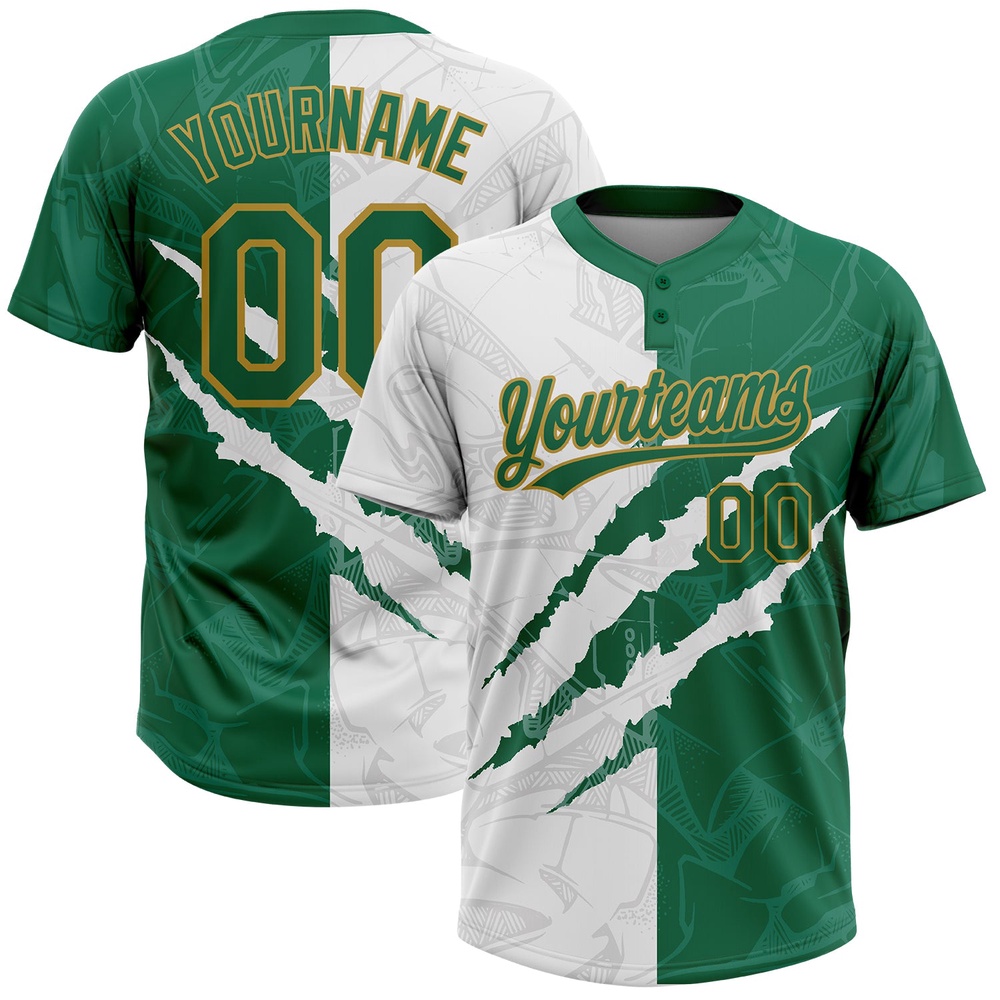 Graffiti Pattern Kelly Green Old Gold 3D Two Button Unisex Softball Jersey, Custom Team Softball Jersey