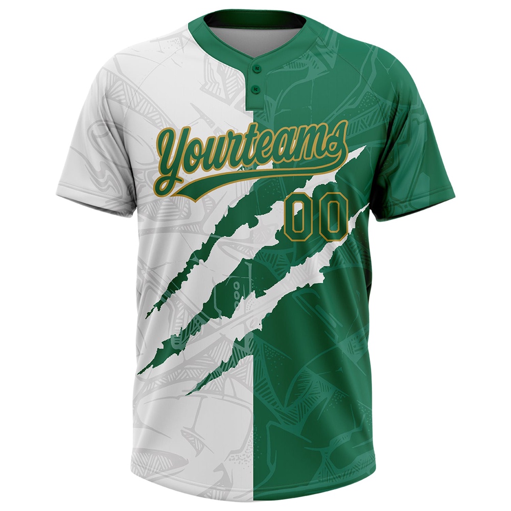 Graffiti Pattern Kelly Green Old Gold 3D Two Button Unisex Softball Jersey, Custom Team Softball Jersey