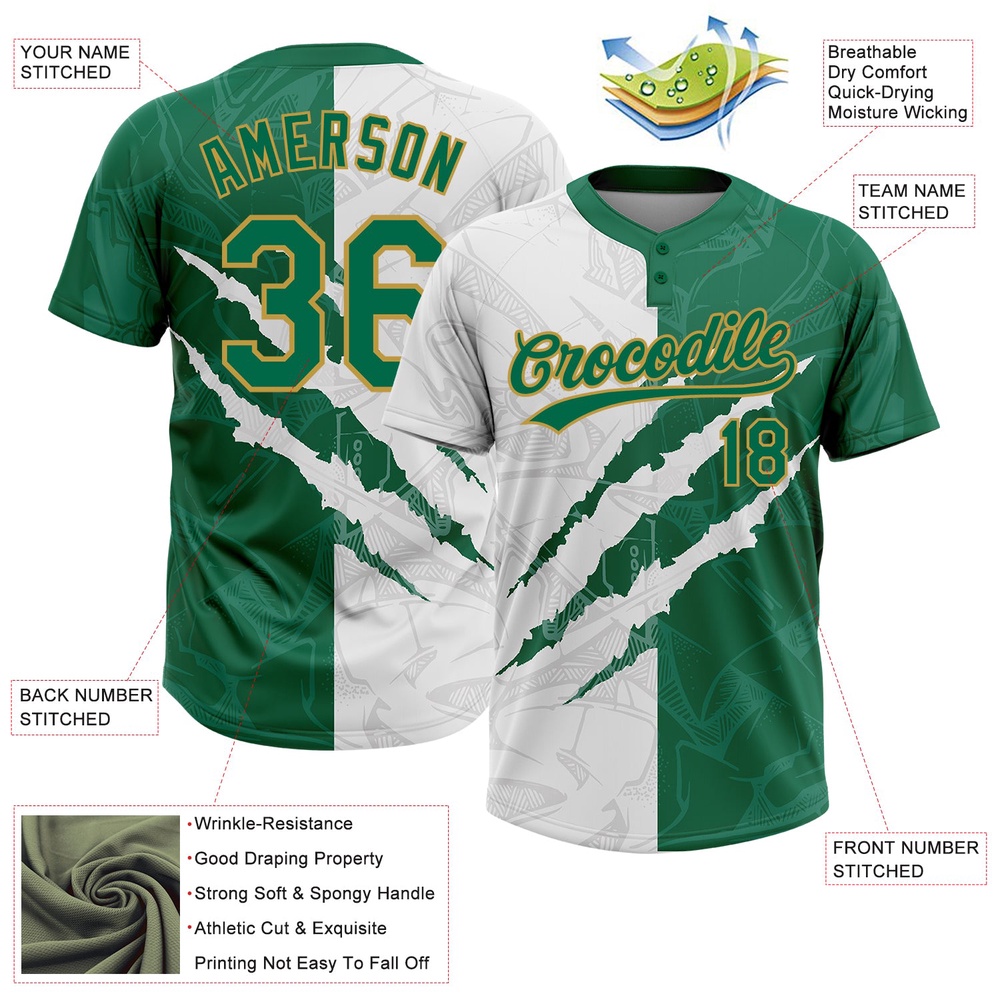 Graffiti Pattern Kelly Green Old Gold 3D Two Button Unisex Softball Jersey, Custom Team Softball Jersey