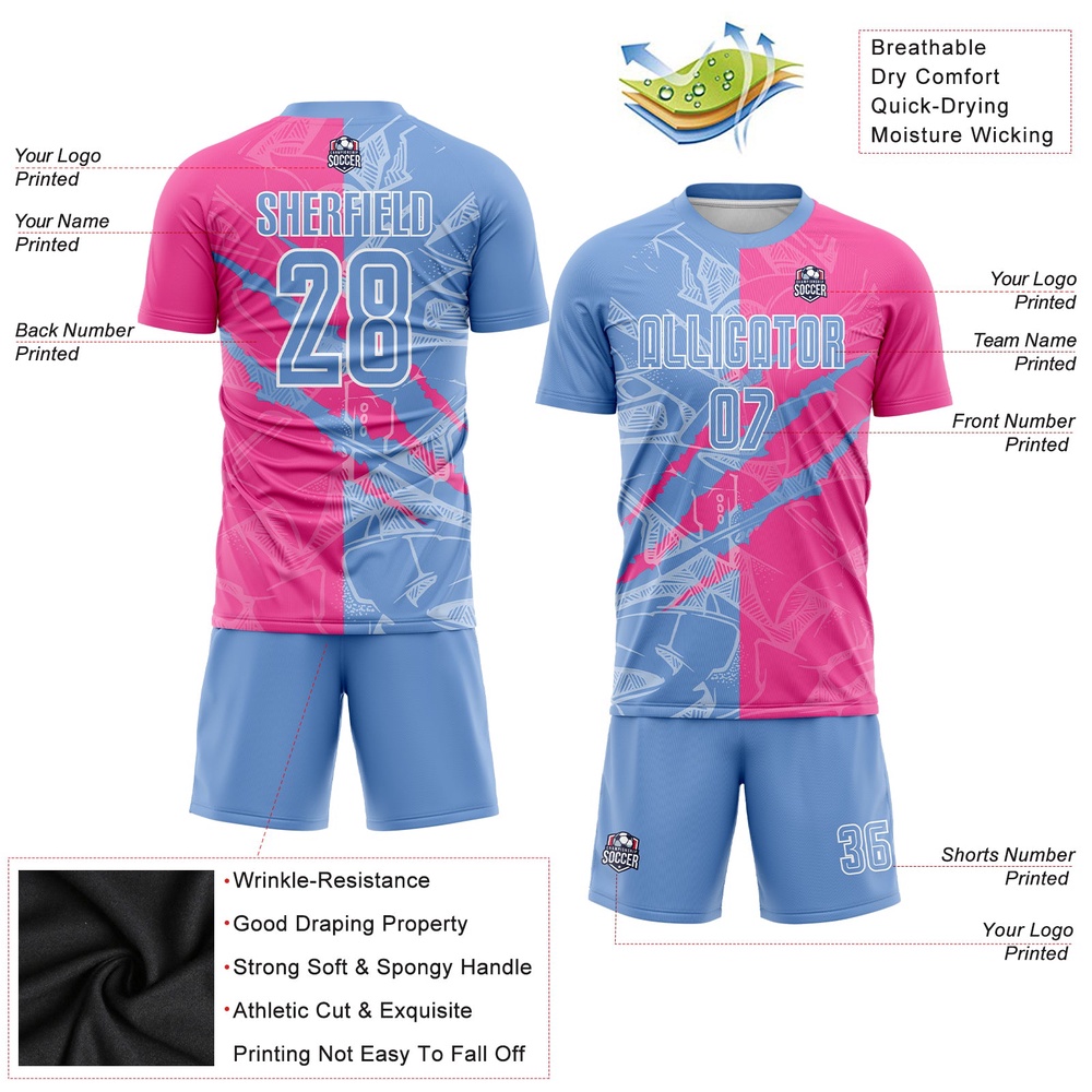 Graffiti Pattern Light Blue Pink Scratch Sublimation Soccer Uniform Jersey, Custom Team Soccer Jersey Shirt