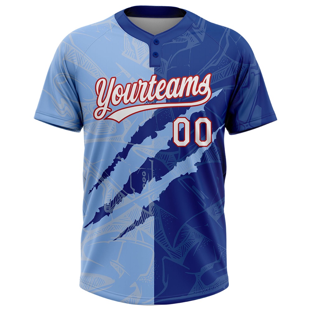 Graffiti Pattern Light Blue Royal Red 3D Two Button Unisex Softball Jersey, Custom Team Softball Jersey