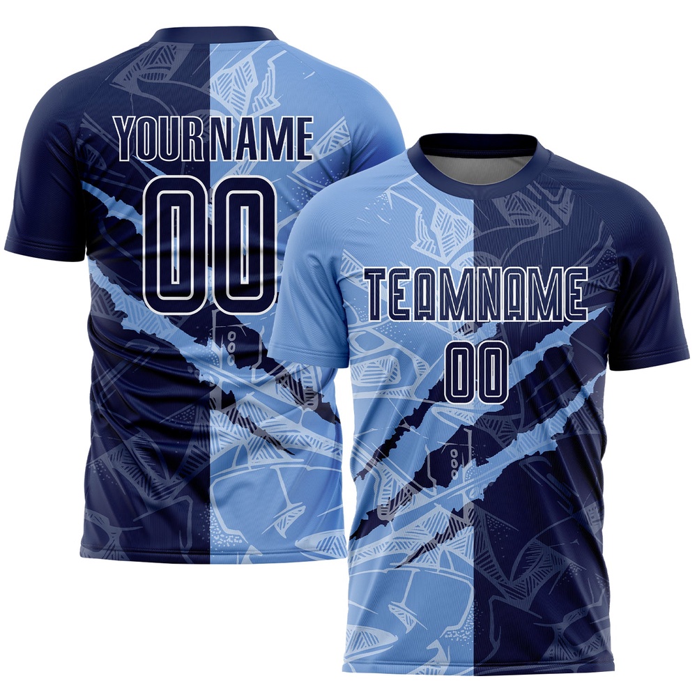 Graffiti Pattern Navy Light Blue Scratch Sublimation Soccer Uniform Jersey, Custom Team Soccer Jersey Shirt