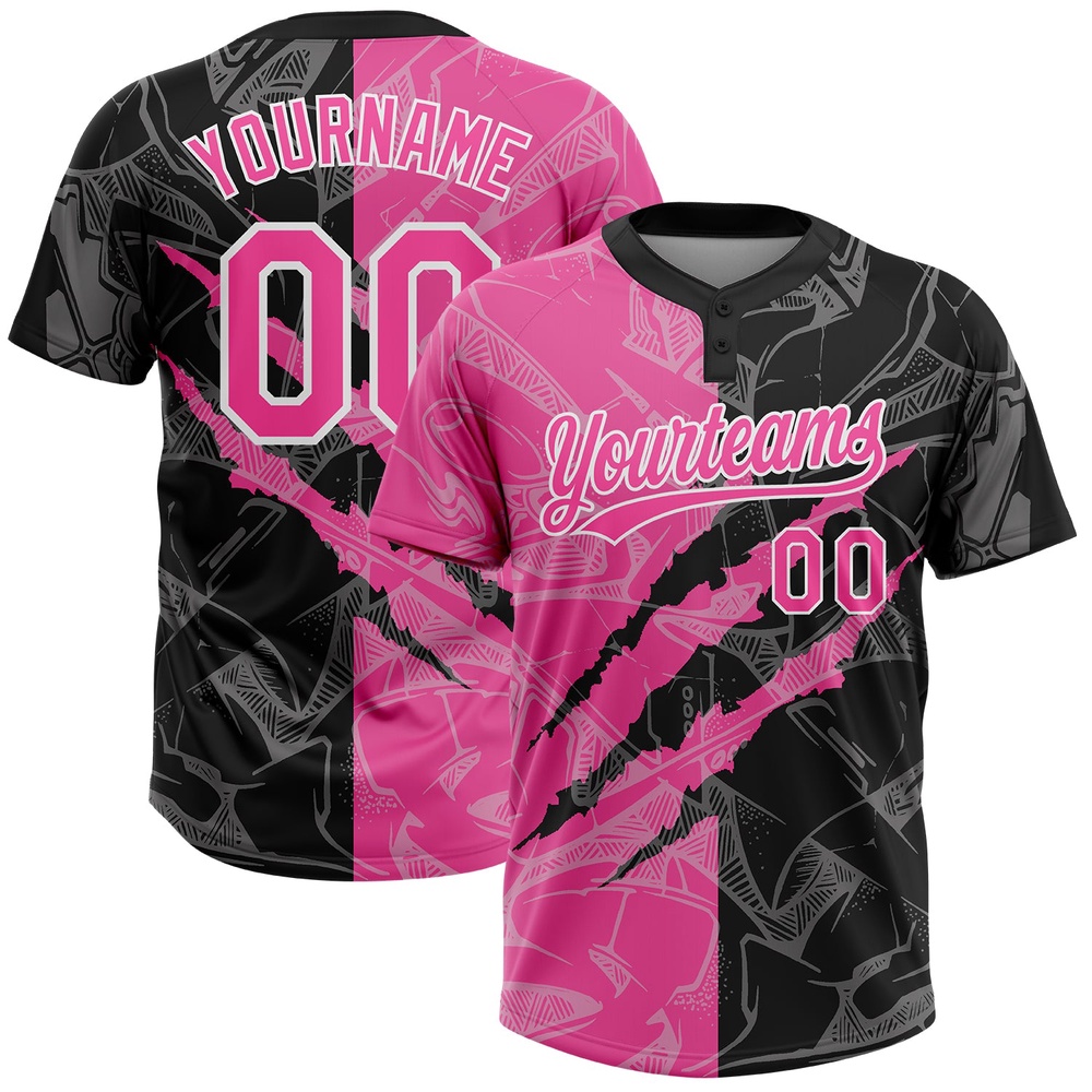 Graffiti Pattern Pink Black 3D Two Button Unisex Softball Jersey, Custom Team Softball Jersey