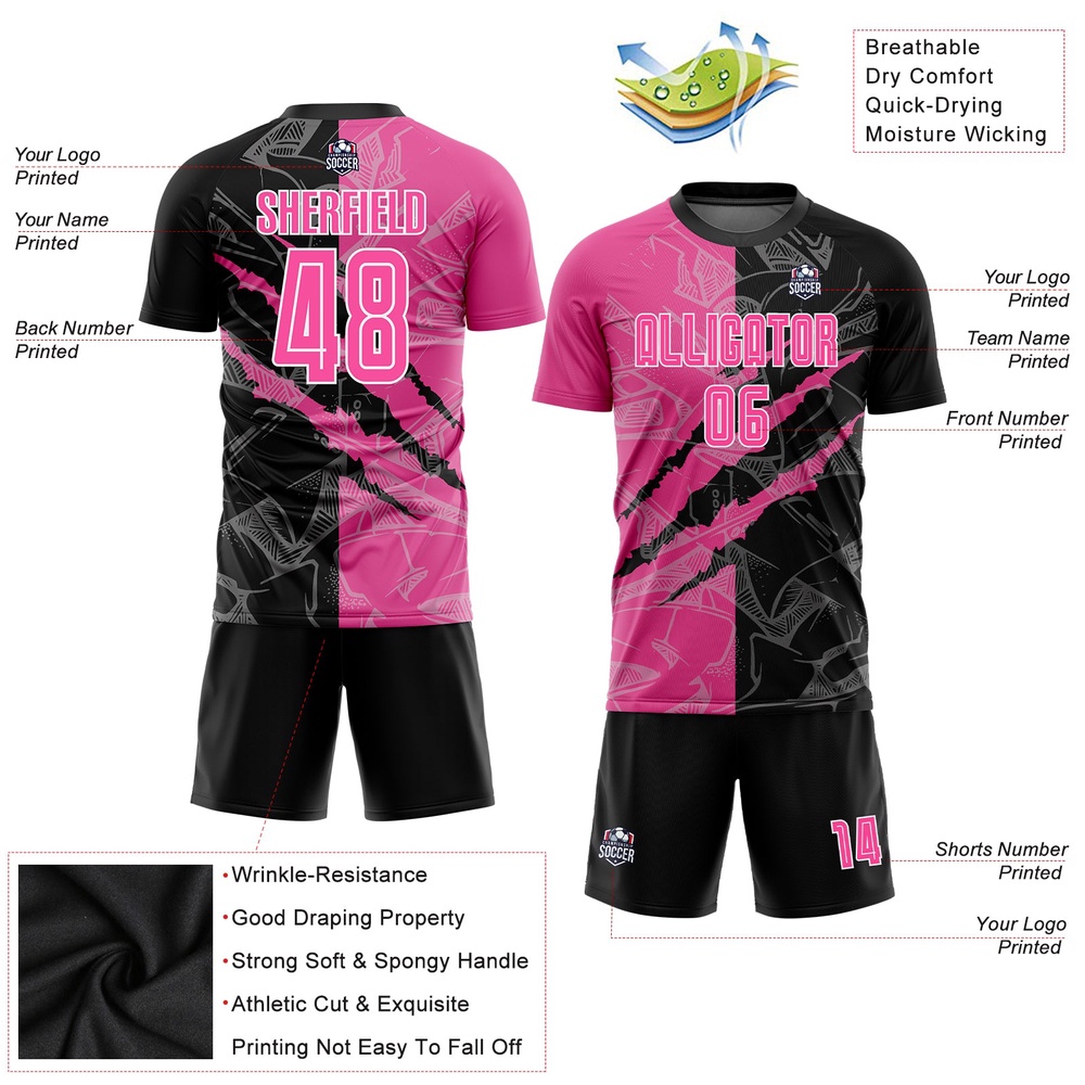 Graffiti Pattern Pink Black White Sublimation Soccer Uniform Jersey, Custom Team Soccer Jersey Shirt