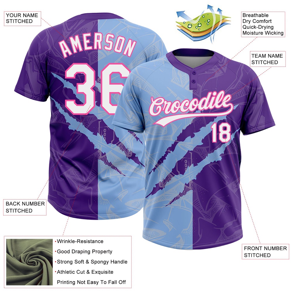 Graffiti Pattern Purple Light Blue Pink 3D Two Button Unisex Softball Jersey, Custom Team Softball Jersey