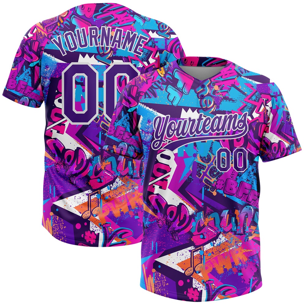 Graffiti Pattern Purple White 3D Bright Psychedelic Two Button Unisex Softball Jersey, Custom Team Softball Jersey