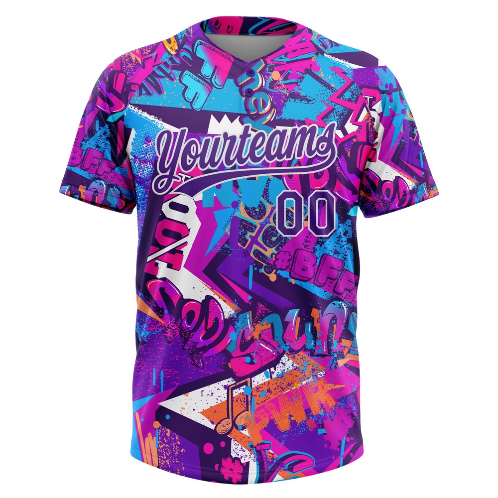 Graffiti Pattern Purple White 3D Bright Psychedelic Two Button Unisex Softball Jersey, Custom Team Softball Jersey