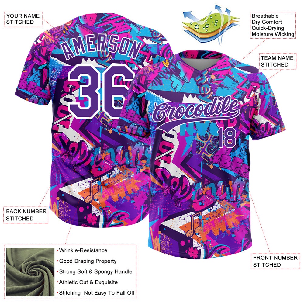 Graffiti Pattern Purple White 3D Bright Psychedelic Two Button Unisex Softball Jersey, Custom Team Softball Jersey