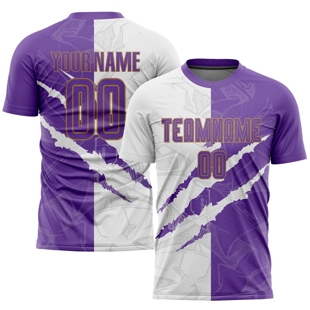 Graffiti Pattern Purple White Old Gold Sublimation Soccer Uniform Jersey, Custom Team Soccer Jersey Shirt Graffiti Pattern Purple White Old Gold Sublimation Soccer Uniform Jersey, Custom Team Soccer Jersey Shirt