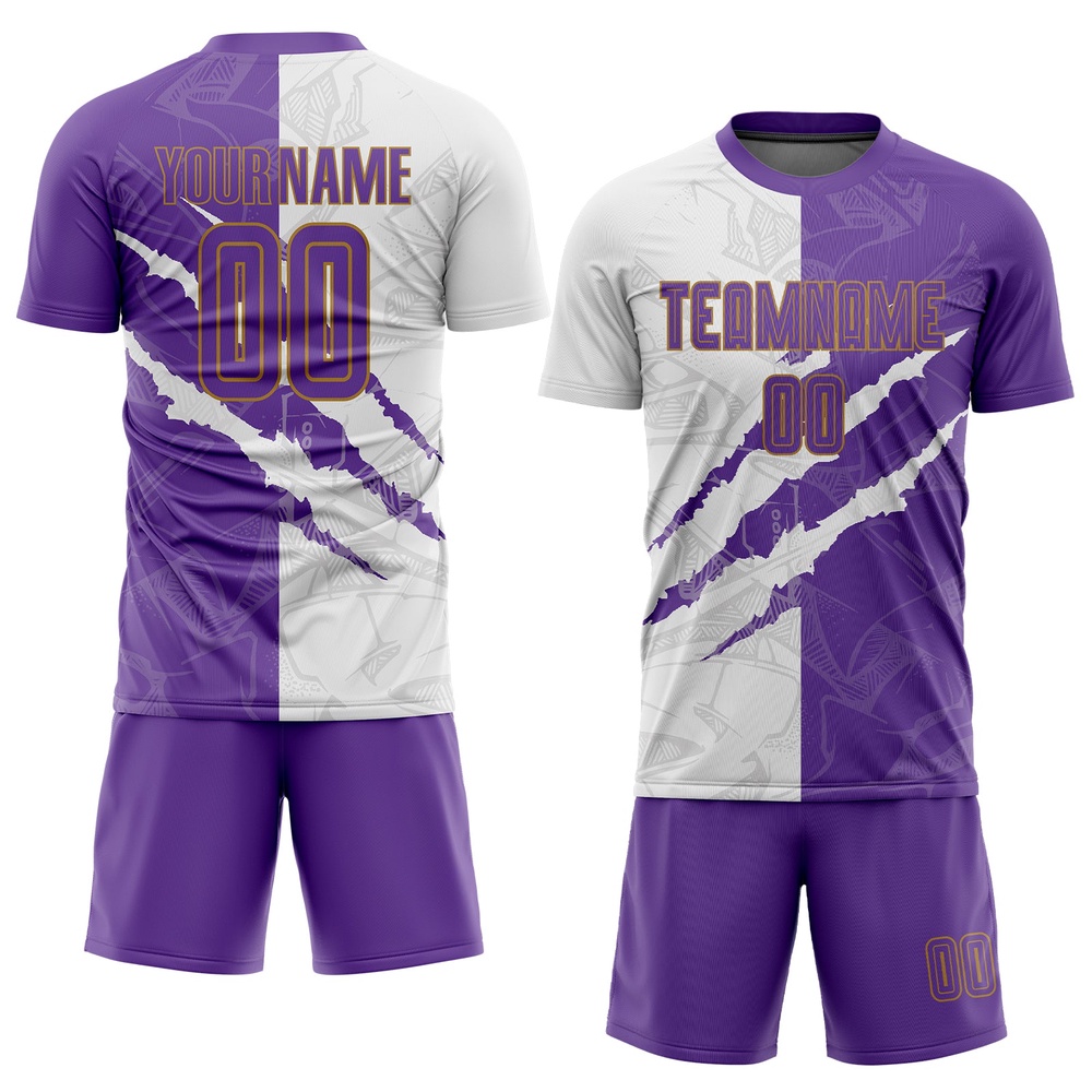 Graffiti Pattern Purple White Old Gold Sublimation Soccer Uniform Jersey, Custom Team Soccer Jersey Shirt Graffiti Pattern Purple White Old Gold Sublimation Soccer Uniform Jersey, Custom Team Soccer Jersey Shirt