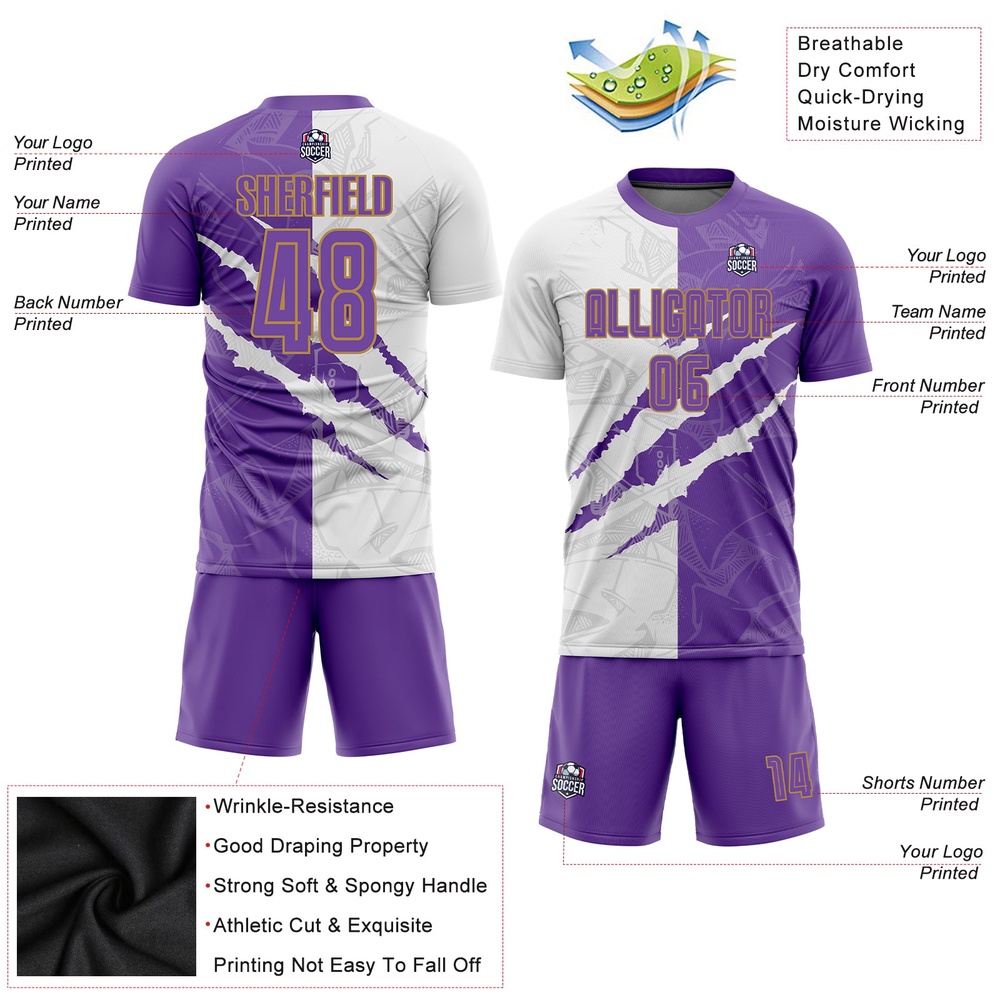 Graffiti Pattern Purple White Old Gold Sublimation Soccer Uniform Jersey, Custom Team Soccer Jersey Shirt Graffiti Pattern Purple White Old Gold Sublimation Soccer Uniform Jersey, Custom Team Soccer Jersey Shirt
