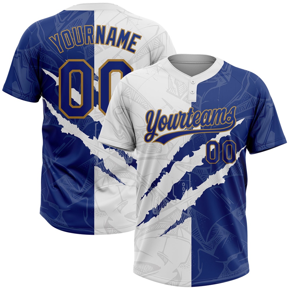Graffiti Pattern Royal Old Gold 3D Two Button Unisex Softball Jersey, Custom Team Softball Jersey